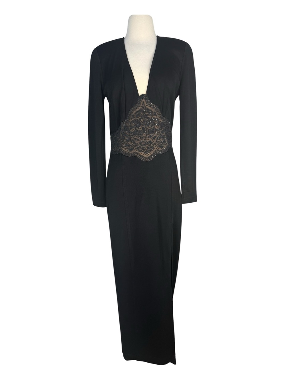 Vtg TADASHI  Black V-Neck Long Sleeve Bead Waist Formal Cocktail Blacktie Dress